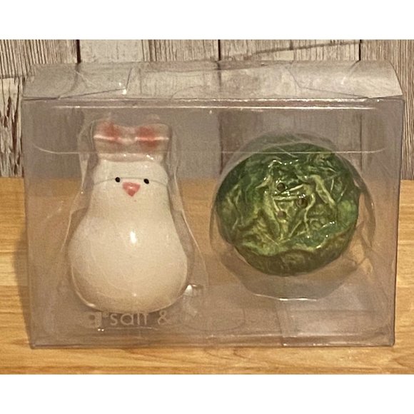 Tag Salt & Pepper Shakers Set White Easter Bunny Rabbit Head of Lettuce Spring - Picture 1 of 4